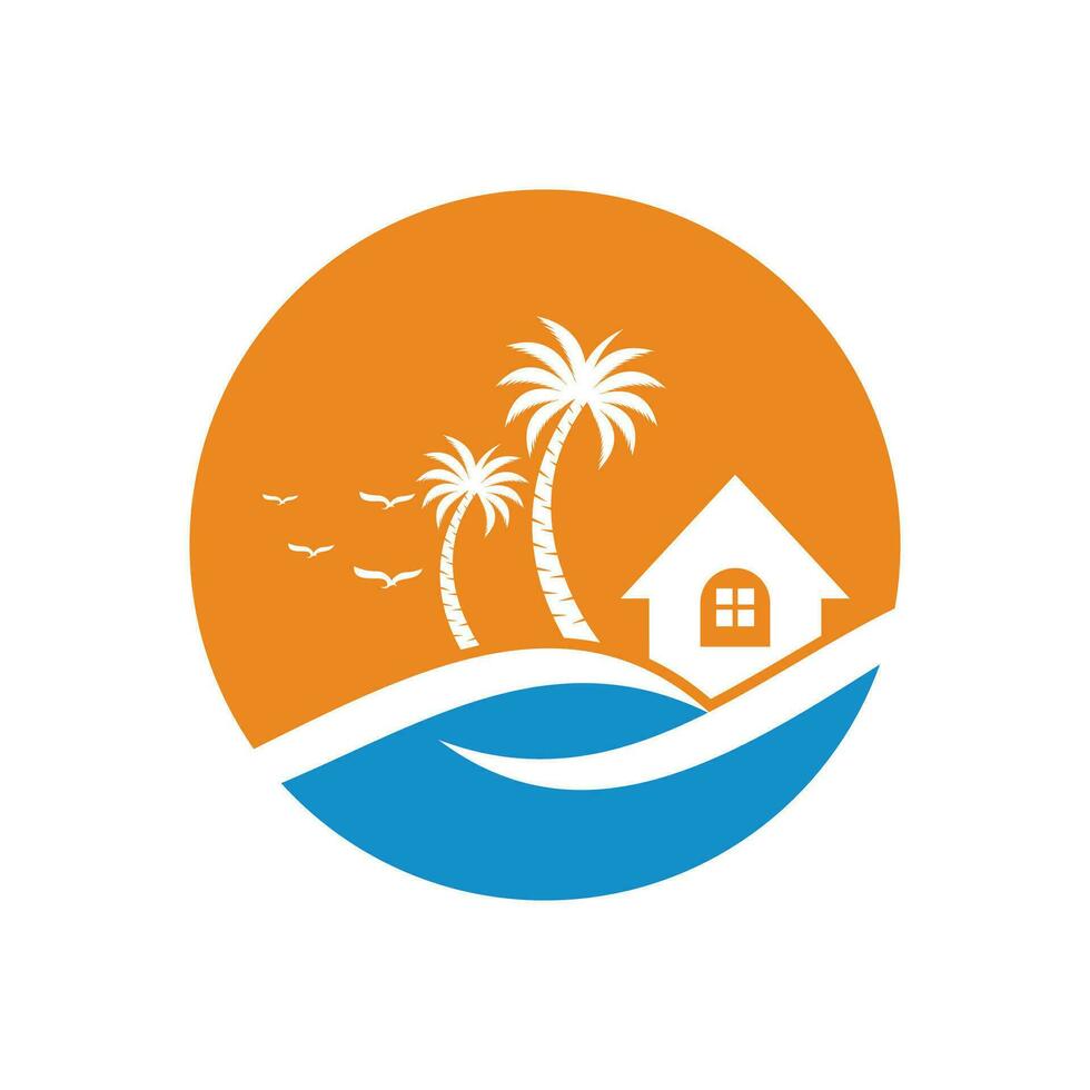 minimalista icono puesta de sol playa casa logo vector