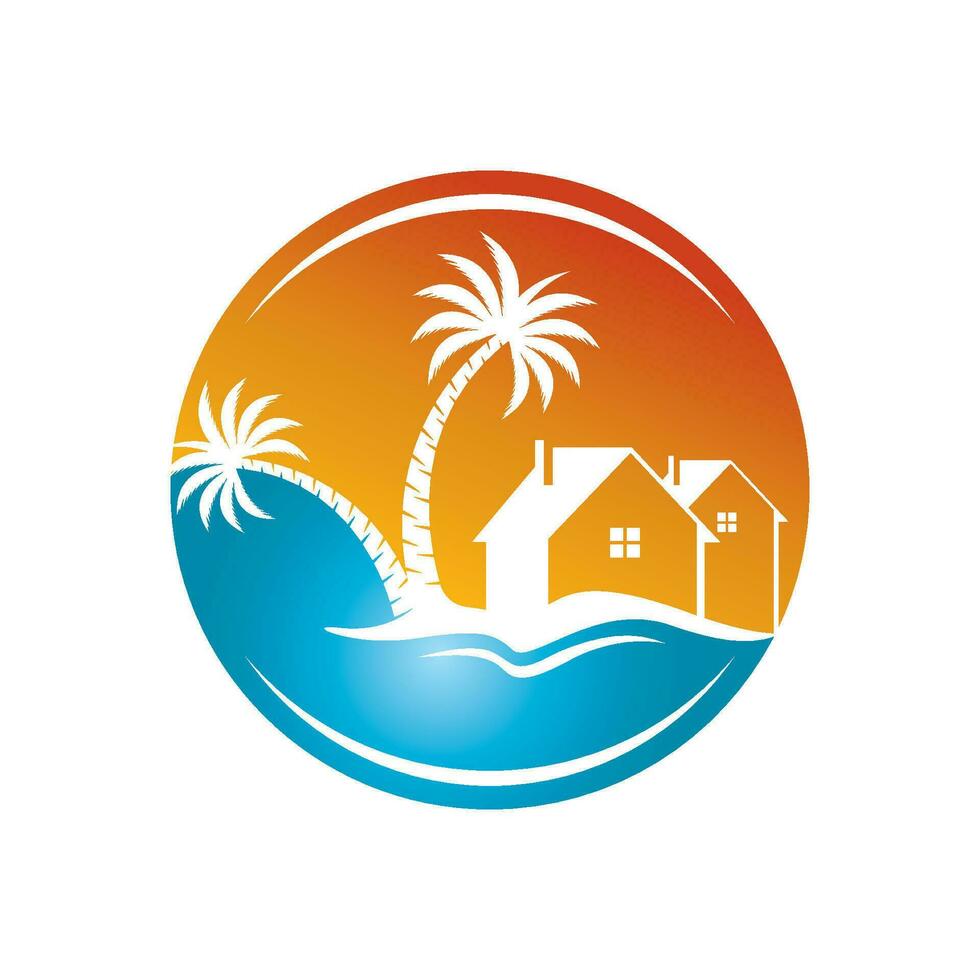 minimalista icono puesta de sol playa casa logo vector