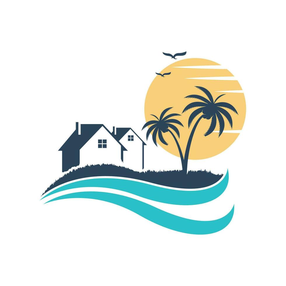 Minimalist icon sunset beach house logo vector