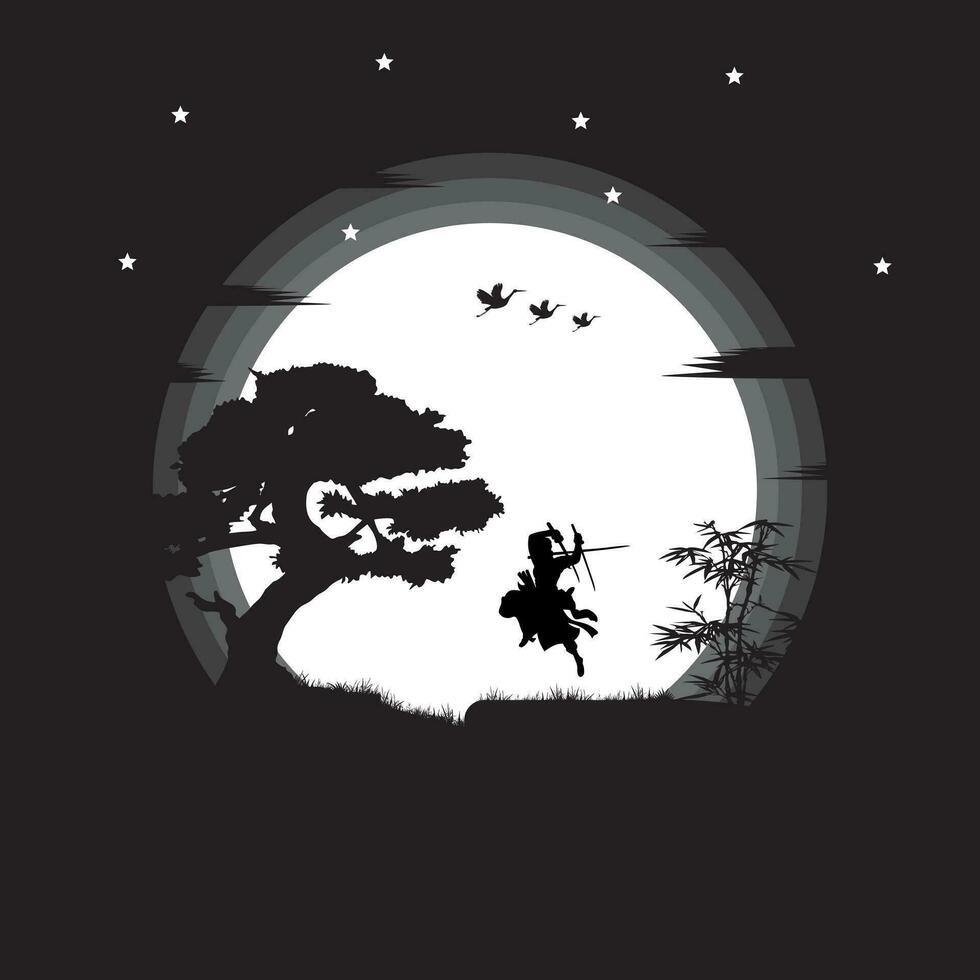 illustration vector graphic of Samurai training at night on a full moon. Perfect for wallpaper, poster, etc. Landscape wallpaper, Illustration vector style,  One Piece, Roronoa Zoro