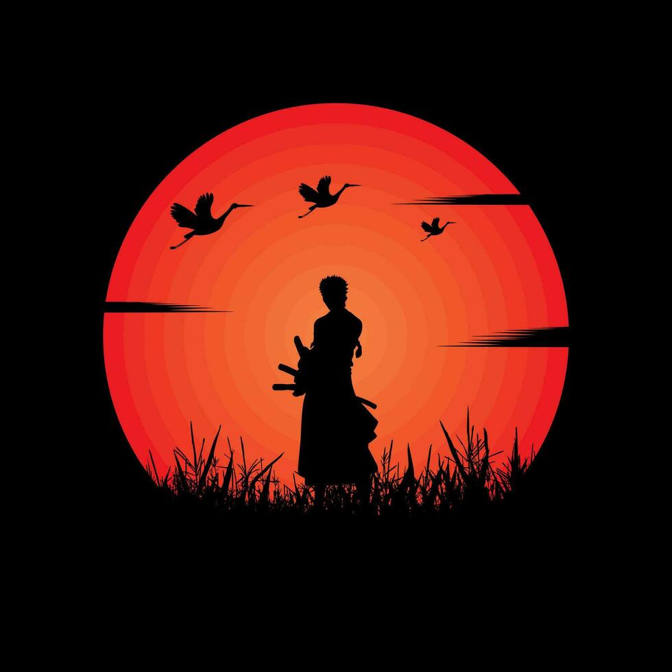 illustration vector graphic of Samurai training at night on a full moon. Perfect for wallpaper, poster, etc. Landscape wallpaper, Illustration vector style,  One Piece, Roronoa Zoro