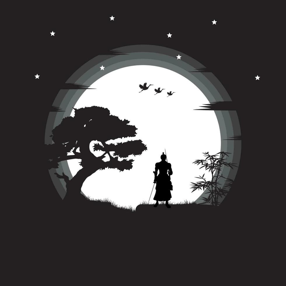 ilustración vector gráfico de samurai formación a noche en un lleno Luna. Perfecto para fondo de pantalla, póster, etc. paisaje fondo de pantalla, ilustración vector estilo, uno pedazo, roronoa zoro