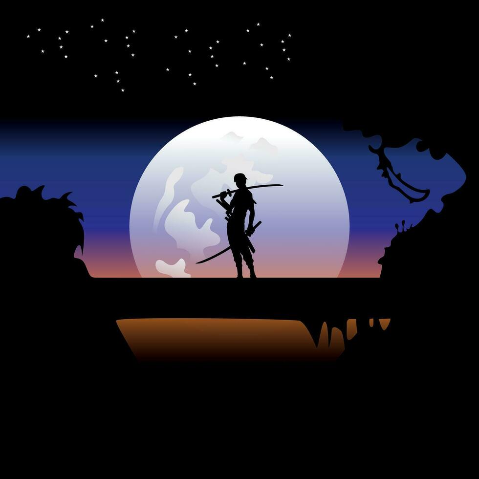 ilustración vector gráfico de samurai formación a noche en un lleno Luna. Perfecto para fondo de pantalla, póster, etc. paisaje fondo de pantalla, ilustración vector estilo, uno pedazo, roronoa zoro