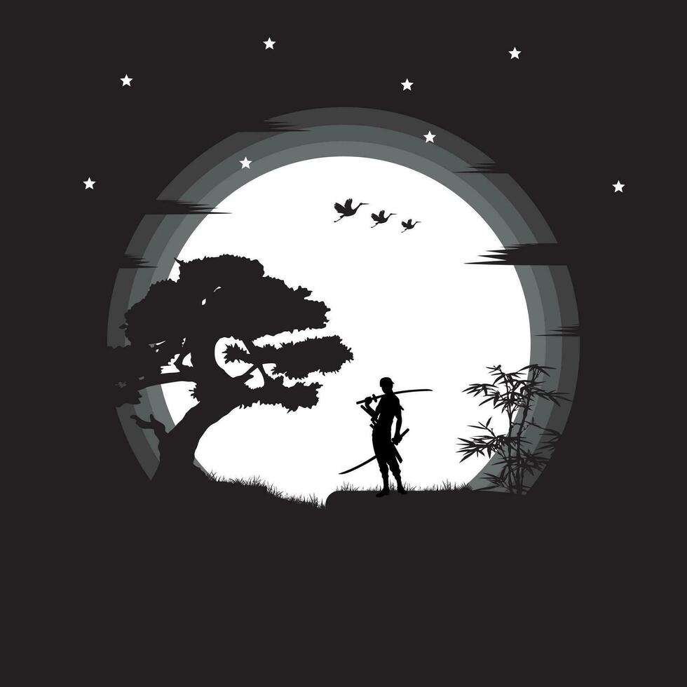 illustration vector graphic of Samurai training at night on a full moon. Perfect for wallpaper, poster, etc. Landscape wallpaper, Illustration vector style,  One Piece, Roronoa Zoro