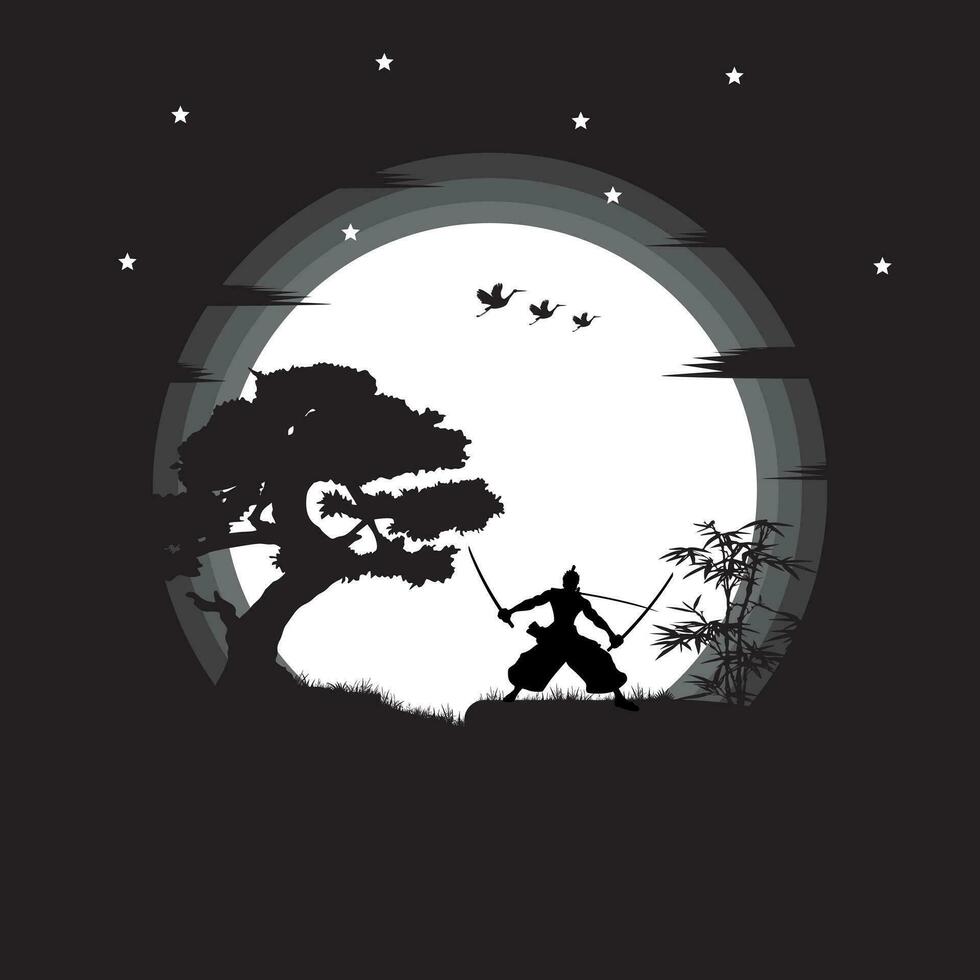 illustration vector graphic of Samurai training at night on a full moon. Perfect for wallpaper, poster, etc. Landscape wallpaper, Illustration vector style,  One Piece, Roronoa Zoro