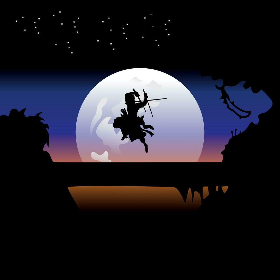 illustration vector graphic of Samurai training at night on a full moon. Perfect for wallpaper, poster, etc. Landscape wallpaper, Illustration vector style,  One Piece, Roronoa Zoro