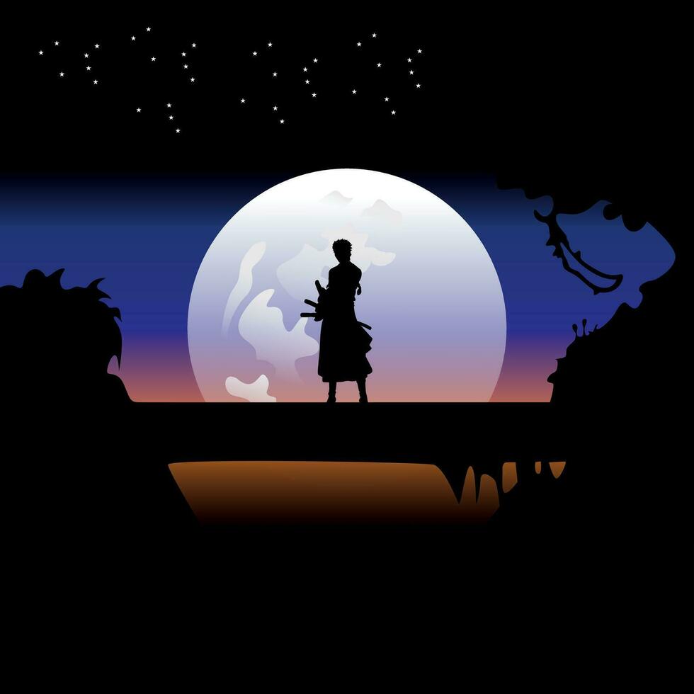 ilustración vector gráfico de samurai formación a noche en un lleno Luna. Perfecto para fondo de pantalla, póster, etc. paisaje fondo de pantalla, ilustración vector estilo, uno pedazo, roronoa zoro