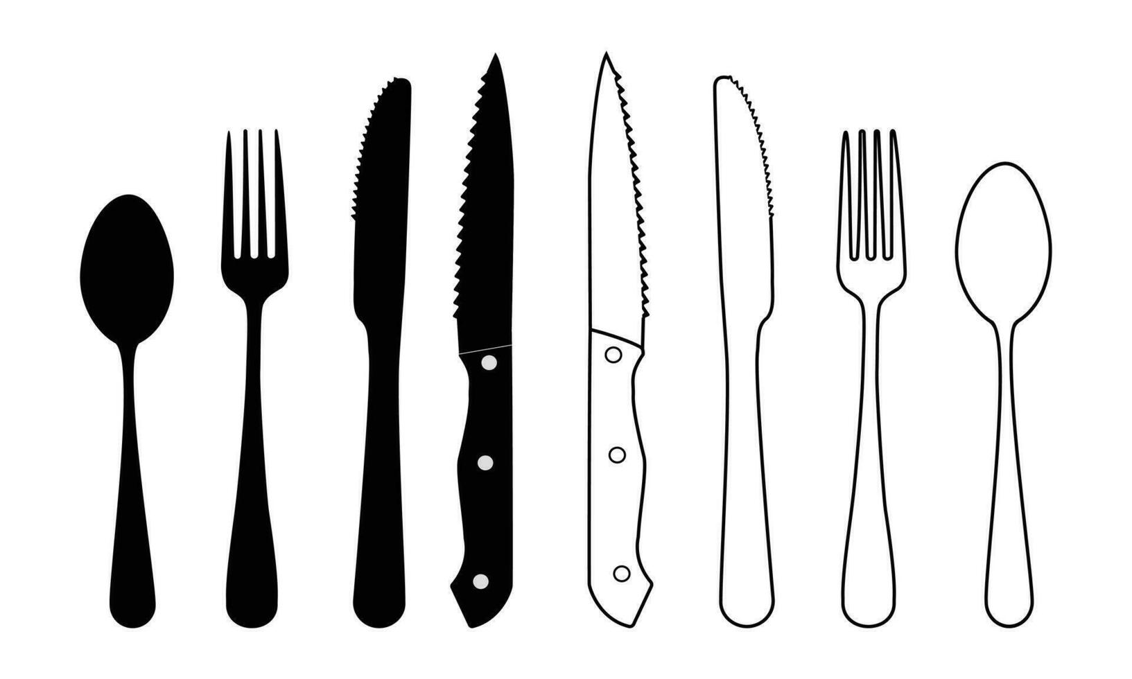 cuchara, tenedores, cuchillo, y plato conjunto iconos, colección de cuchillería diferente formas, restaurante negocio concepto, vector ilustración, cuchillería línea icono.-3
