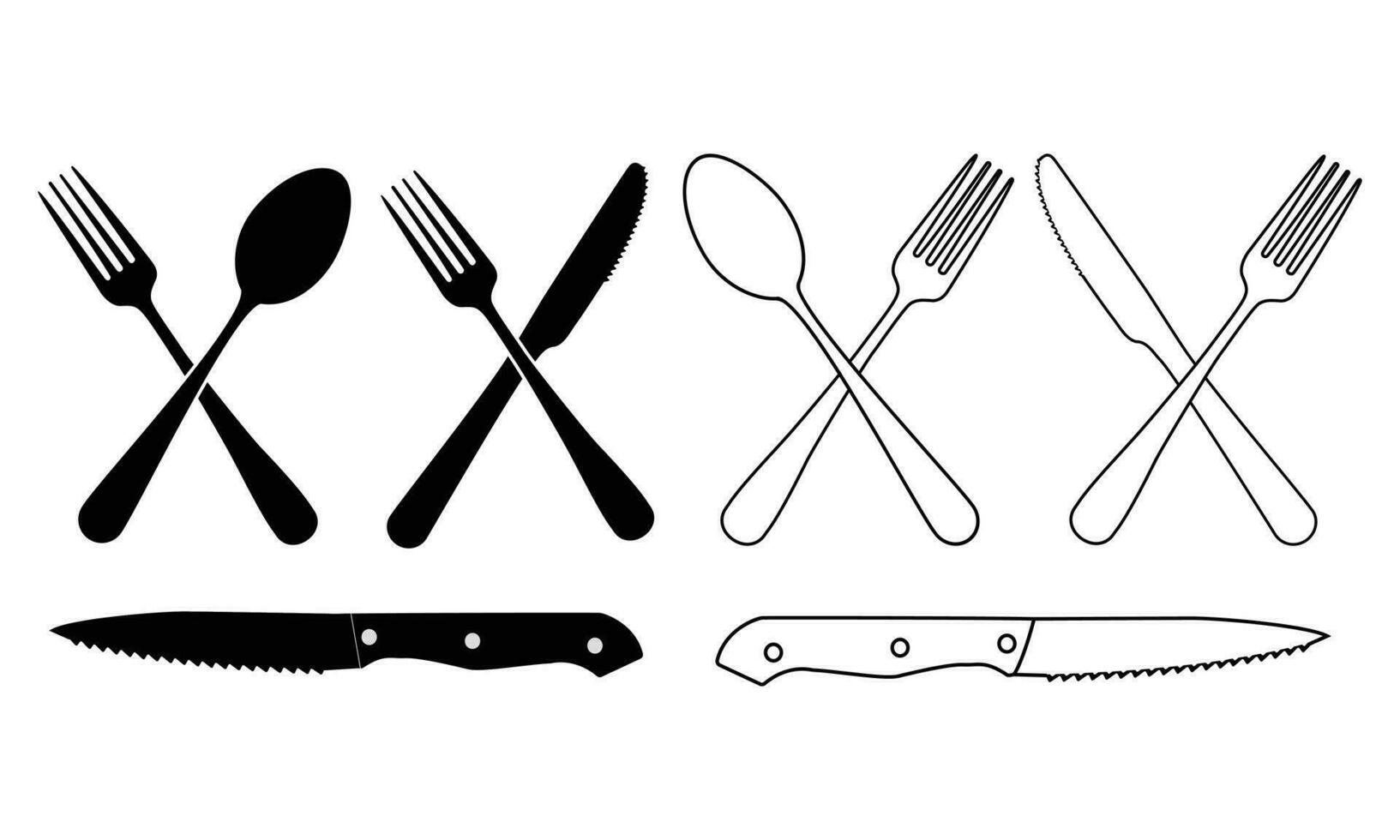 cuchara, tenedores, cuchillo, y plato conjunto iconos, colección de cuchillería diferente formas, restaurante negocio concepto, vector ilustración, cuchillería línea icono.-5