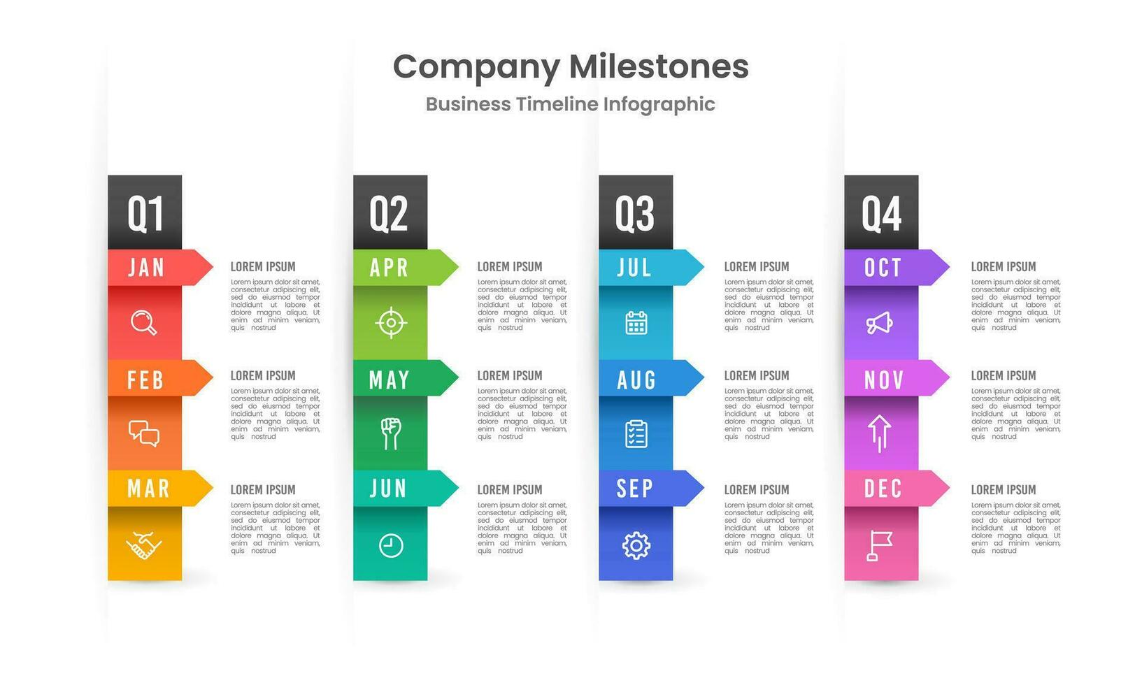 Presentation of the business timeline for one year, divided into quarters. Vector illustration.