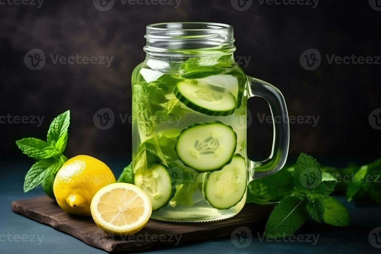 Cold drink with cucumber and lime. Infused cucumber drink with mint. Detox water. photo