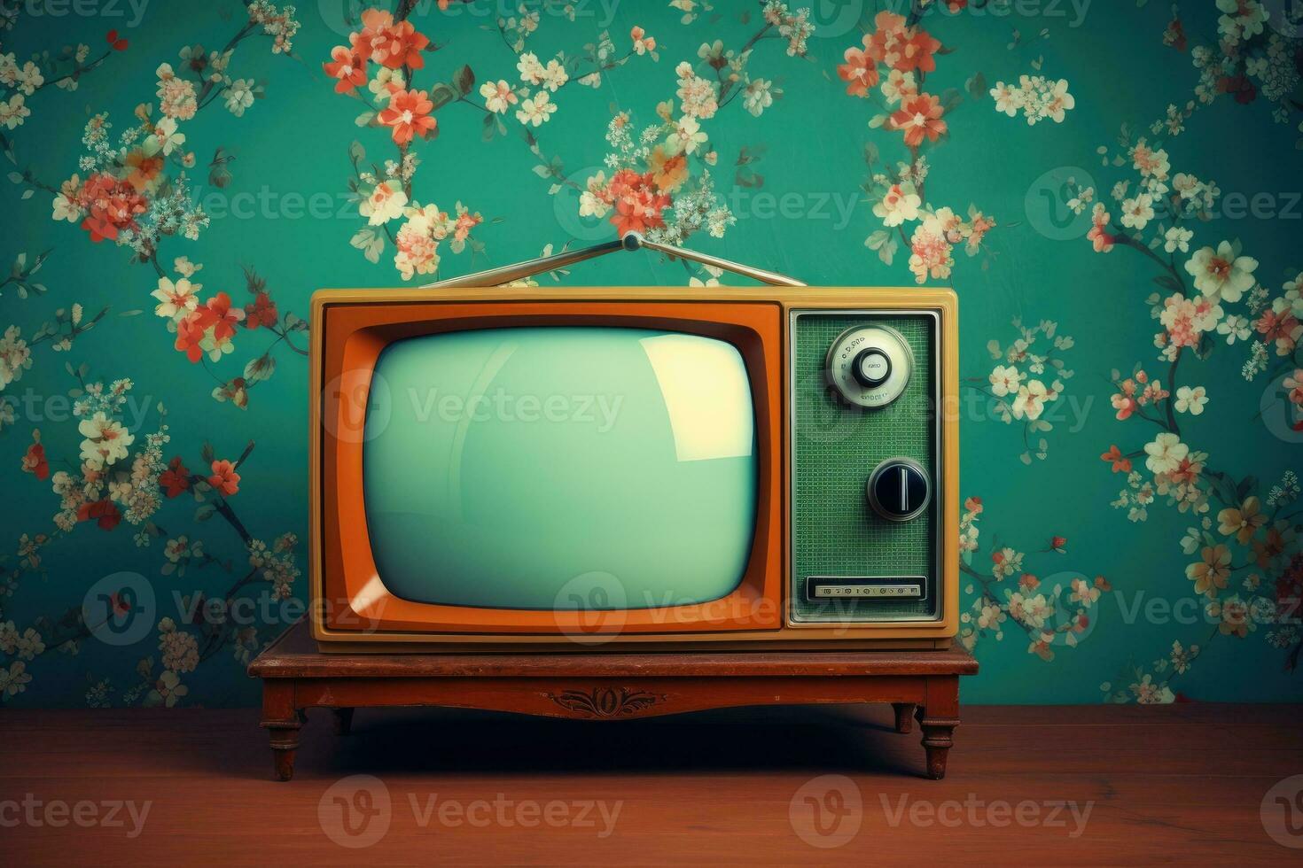 Vintage TV against retro wall. photo