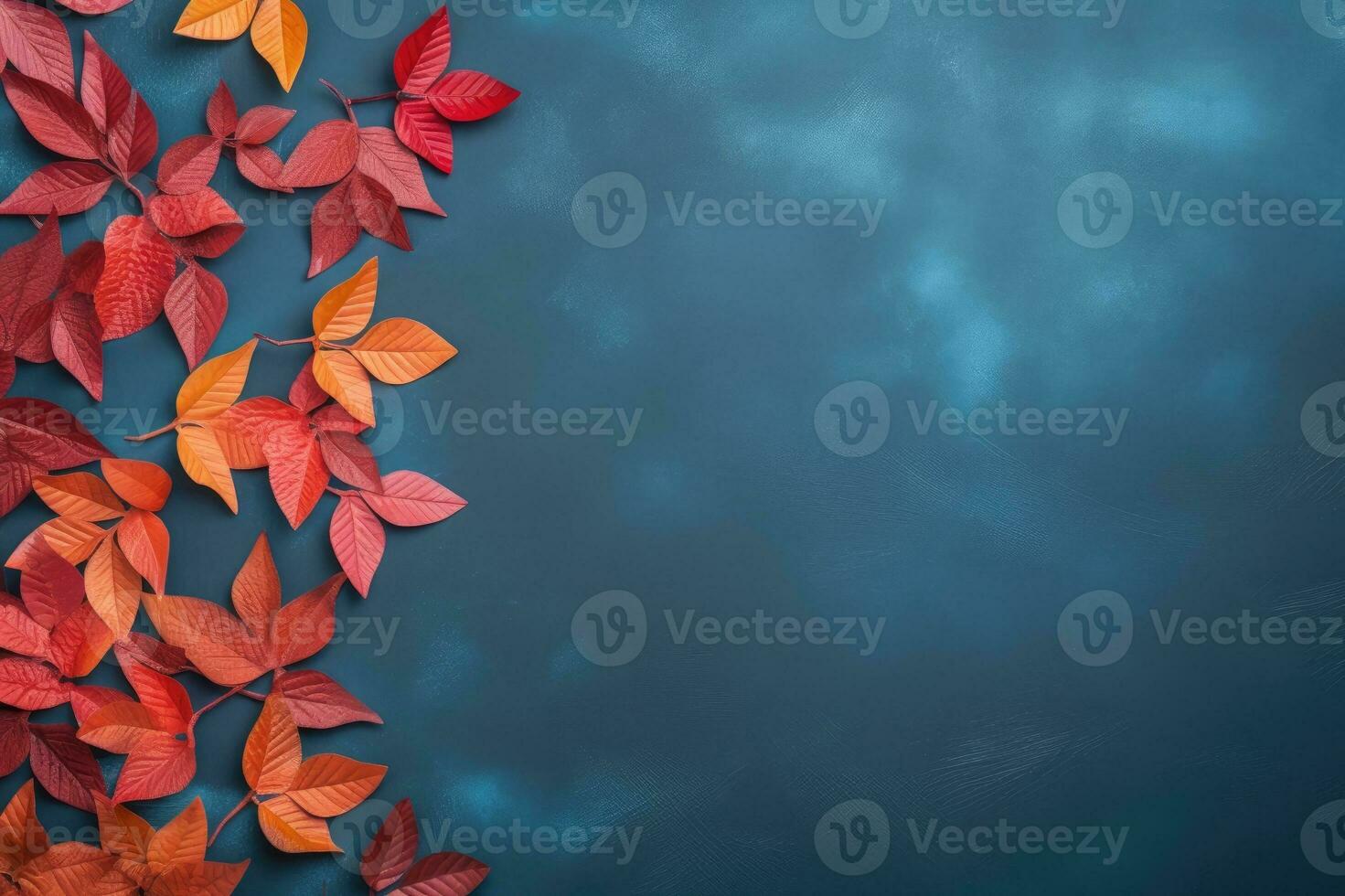 Autumn background with colored leaves on blue background. Generative AI photo