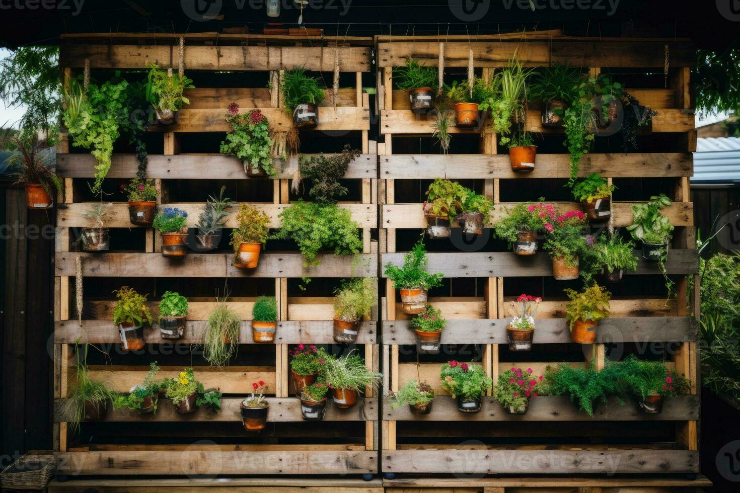 reciclado paletas con colgando plantas creando un vertical jardín foto