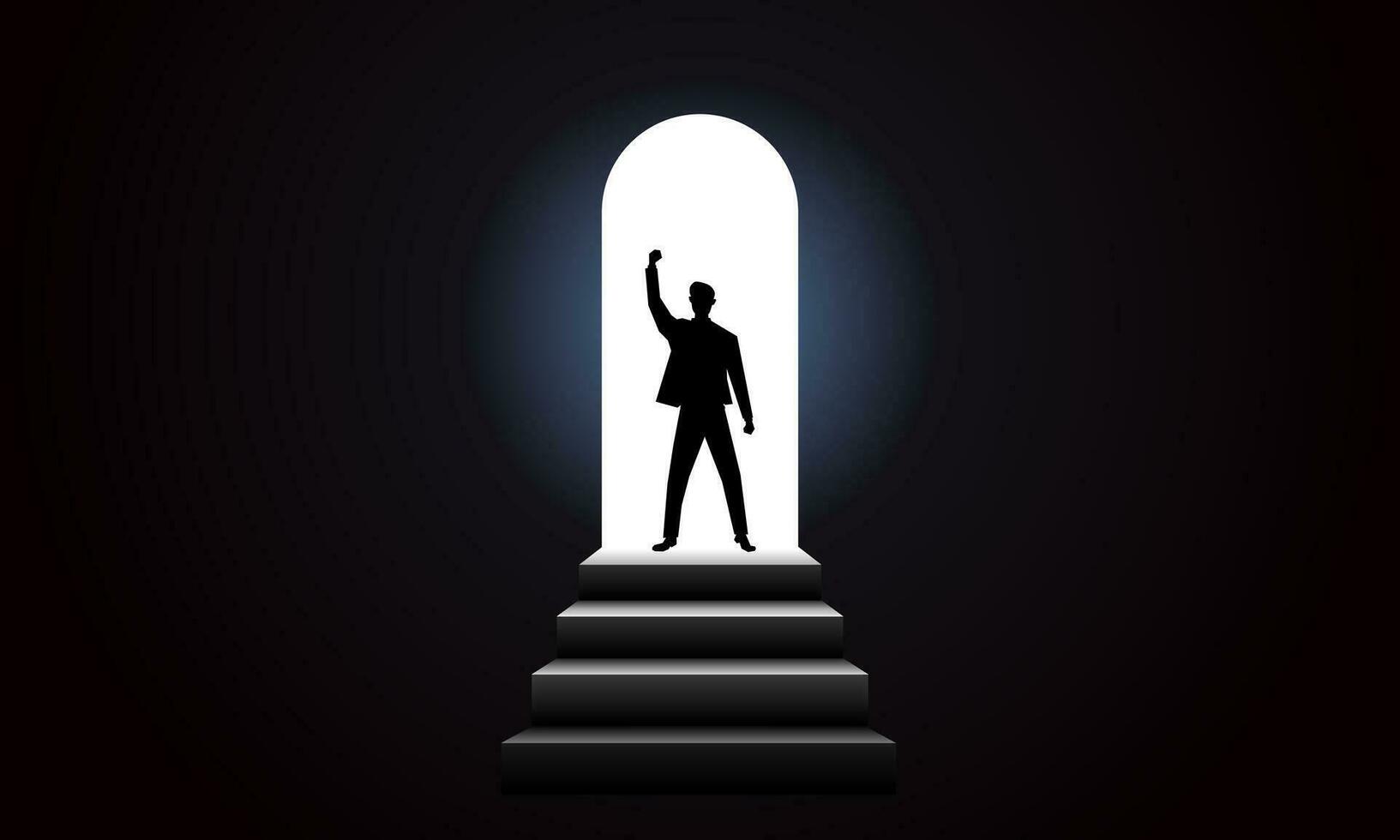 Businessmen go through gloomy obstacles to success. Light at the end of the tunnel. Vector illustration.