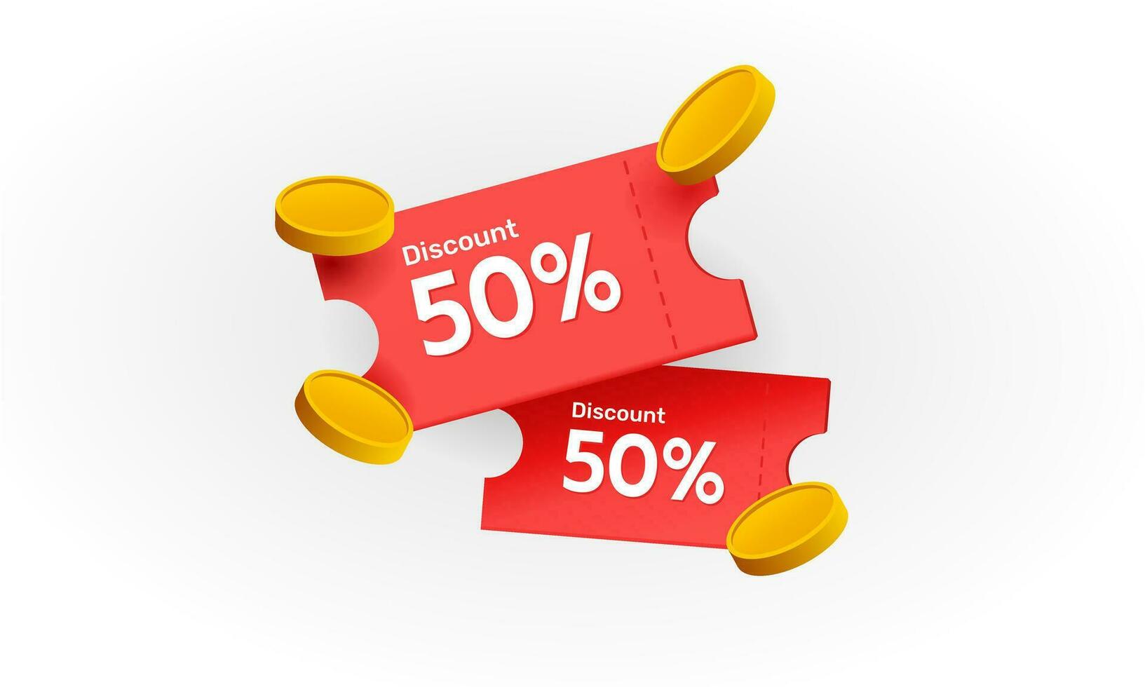 Discount ticket promotion. Special prices, discounts, cashback, coupon codes. Gift card with gold coins. Vector illustration.
