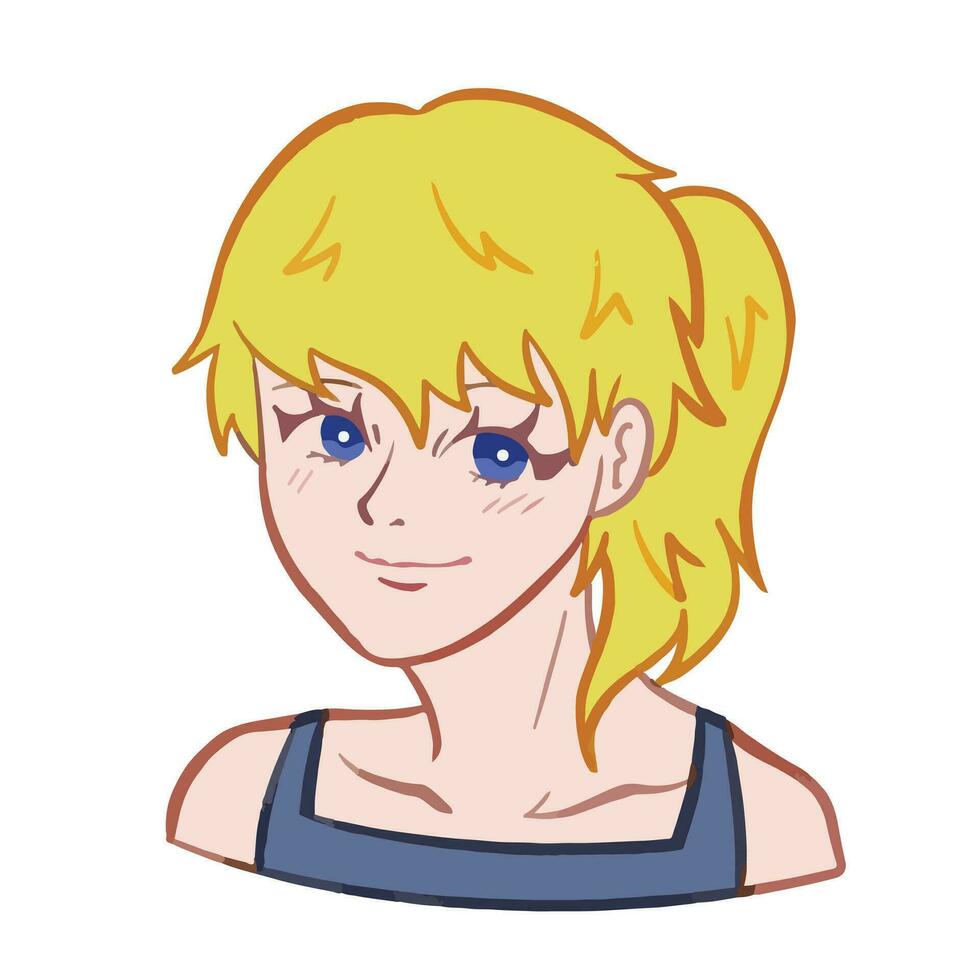 Girl with blonde hair and blue eyes character face anime style vector illustration drawing isolated on square white background. Simple flat cartoon art styled drawing.