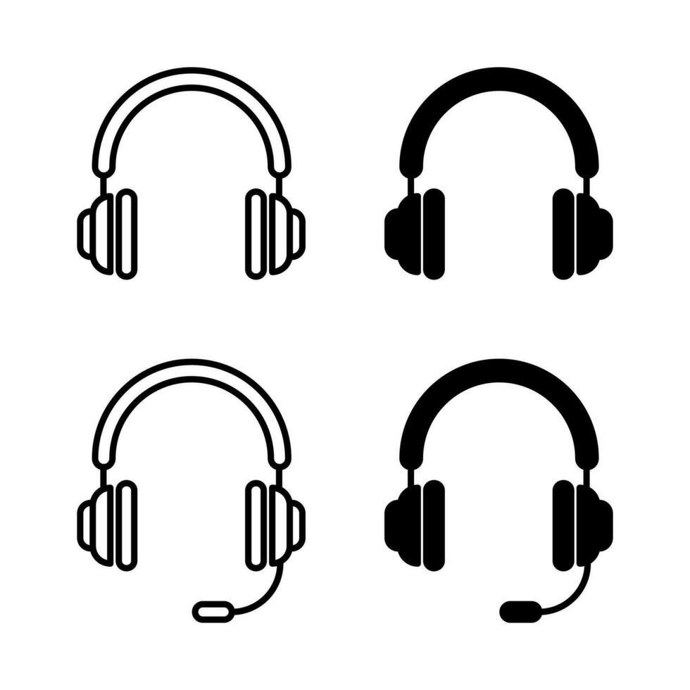 Vector Headphones with Microphone Icons Outline Set