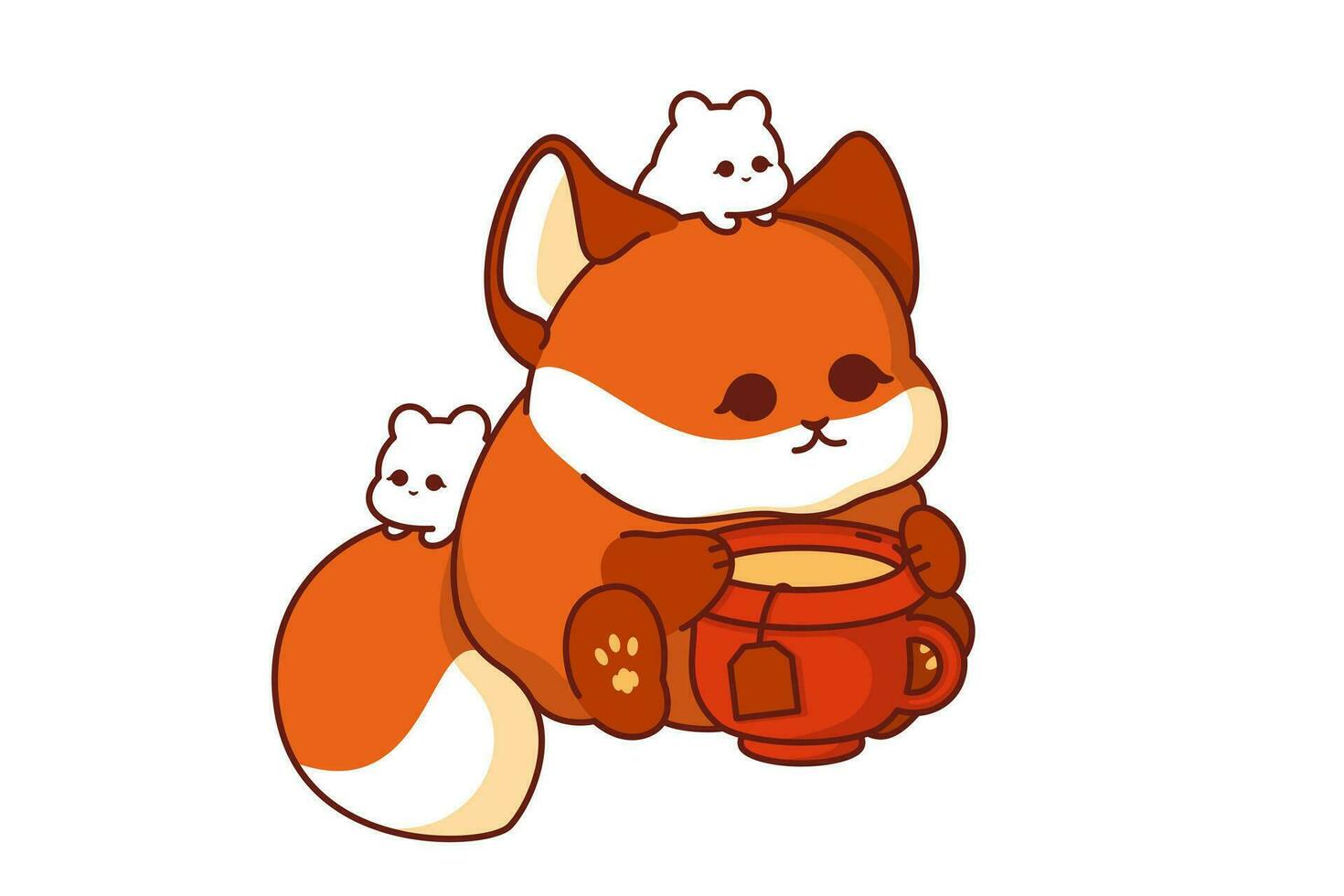 Autumn Kawaii Fox Cub. Charming vector autumn kawaii clipart illustration of a cute fox cub character sipping tea, set on an isolated cut-out background.