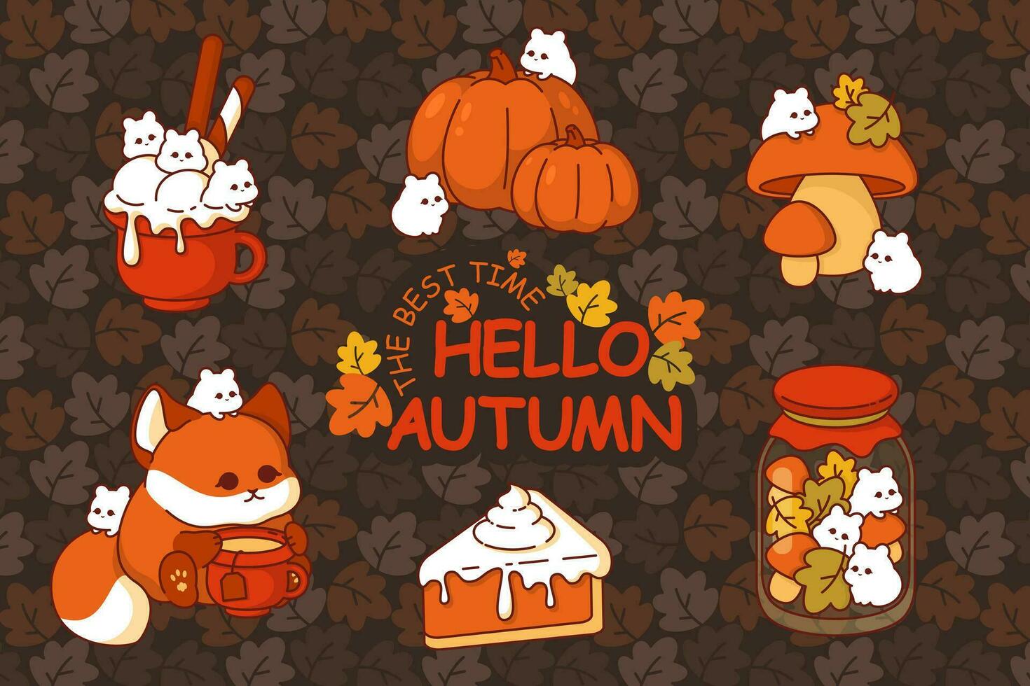 Cute Colored Autumn Kawaii Illustrations. Adorable vector set featuring a collection of cute colored autumn kawaii illustrations, capturing the charm and sweetness of the fall season in vibrant colors