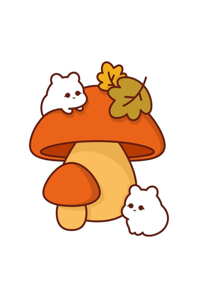 Autumn Kawaii Mushrooms with Cute Characters. Vector autumn kawaii clipart illustration of cute mushrooms surrounded by charming characters and autumn leaves, set on an isolated cut-out background.