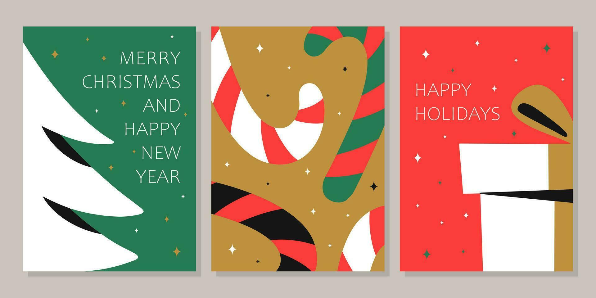 Merry Christmas and Happy New Year greeting card set. Hand drawn Trendy Winter Holidays art templates. Vector illustration