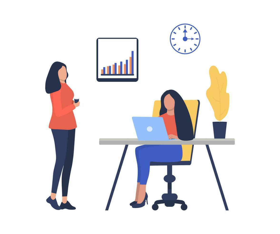 Two businesswomen discussing growing schedule at work in the office vector