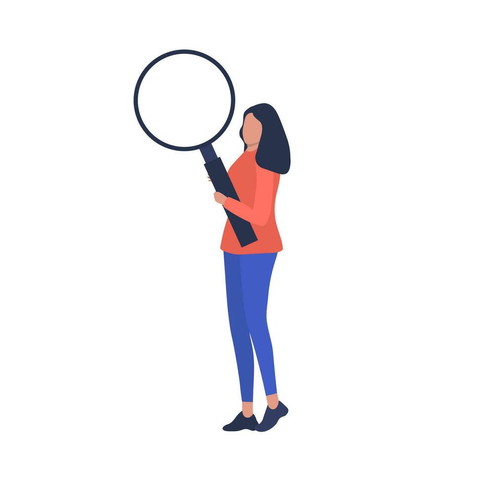 Woman with magnifying glass. Search for social networks. vector