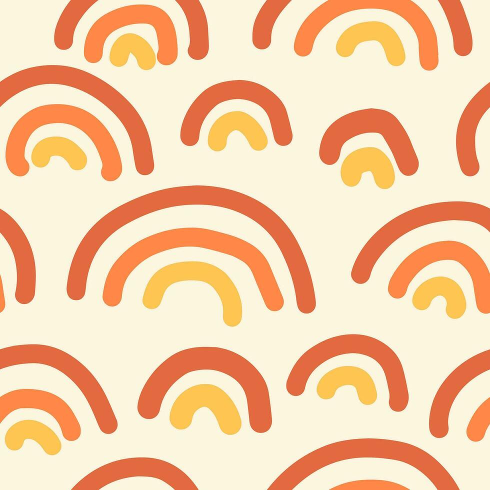 Cute naive seamless pattern with hand drawn rainbows in retro groovy style. Boho background in red, orange, yellow and beige colors. Childish scribbles design vector