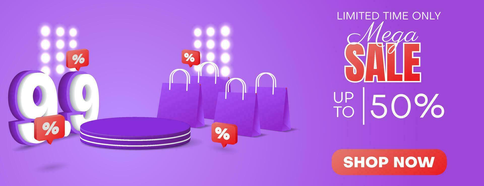 9.9 mega sale banner design with 3D podium in purple color. 9.9 shopping day banner design vector. vector
