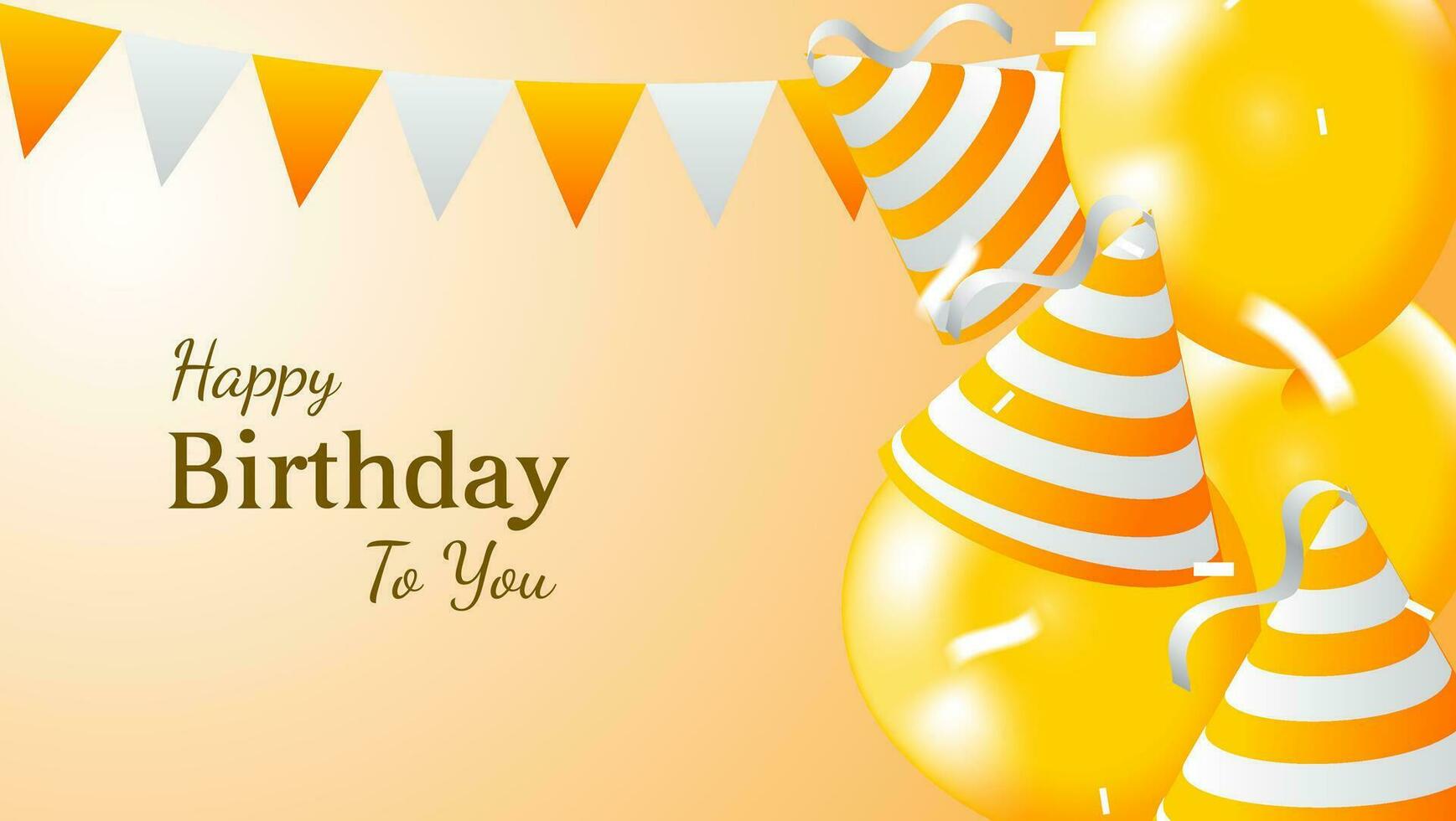 birthday greeting card design with balloon, birthday hat and confetti decoration in orange and white color vector