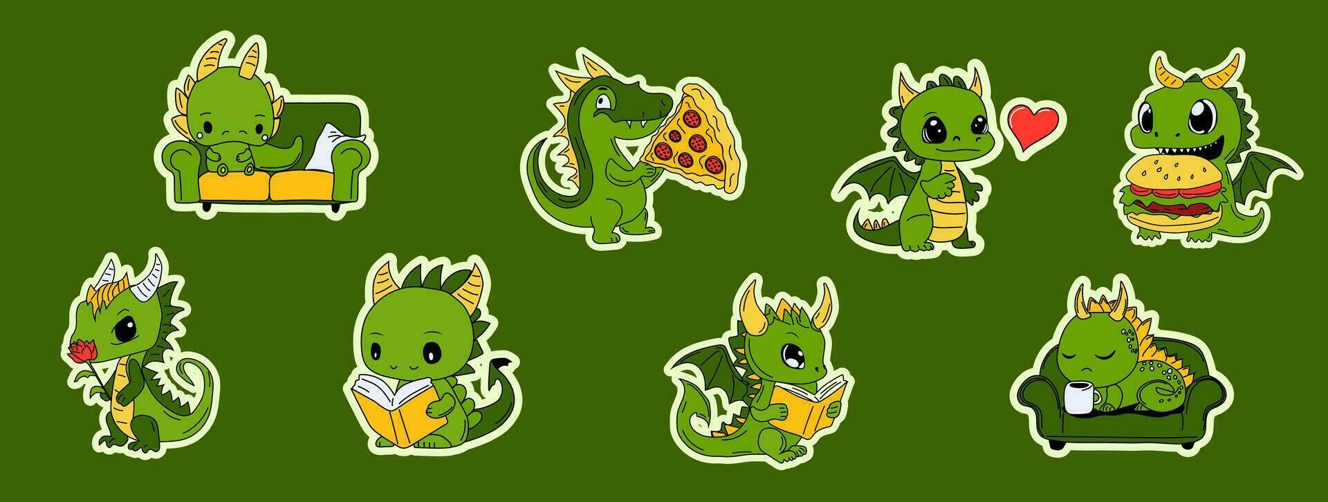 Set of Vector Stock Illustration isolated Emoji characters green cartoon dragon dinosaur laughs sticker emoticon for site, info graphics, video, animation, websites, mail, newsletters, reports, comic