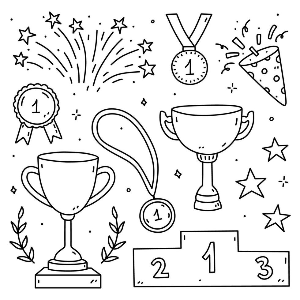 Doodle set with elements of victory - champion cups, medals, awards, winner's podium, fireworks and stars. Vector hand-drawn illustration  Perfect for cards, logo, decorations, various designs.
