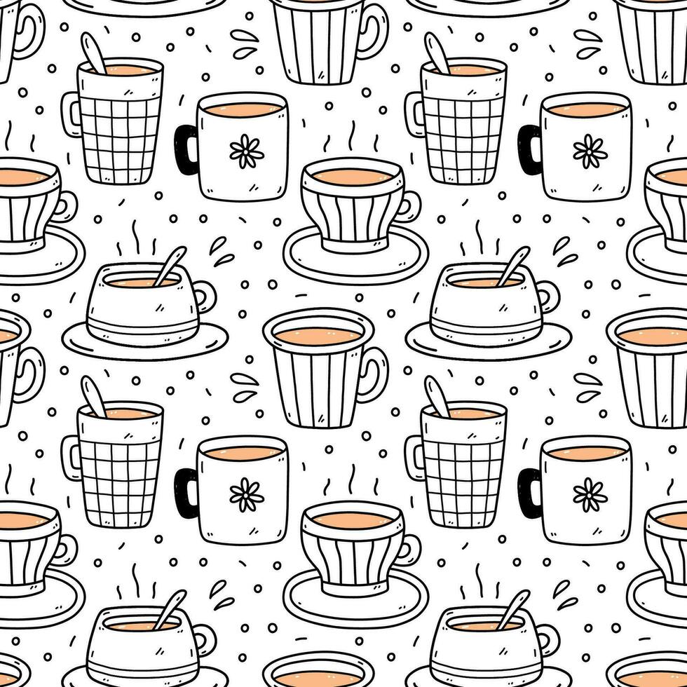 linda sin costura modelo con café y té tazas. vector dibujado a mano ilustración en garabatear estilo. Perfecto para imprimir, menú, envase papel, fondo de pantalla, varios diseños