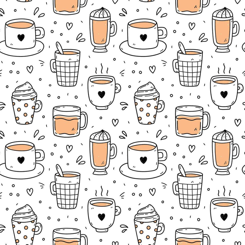 Cute seamless pattern with coffee cups - americano, cappuccino, mocha, latte. Vector hand-drawn illustration in doodle style. Perfect for print, menu, wrapping paper, wallpaper, various designs.