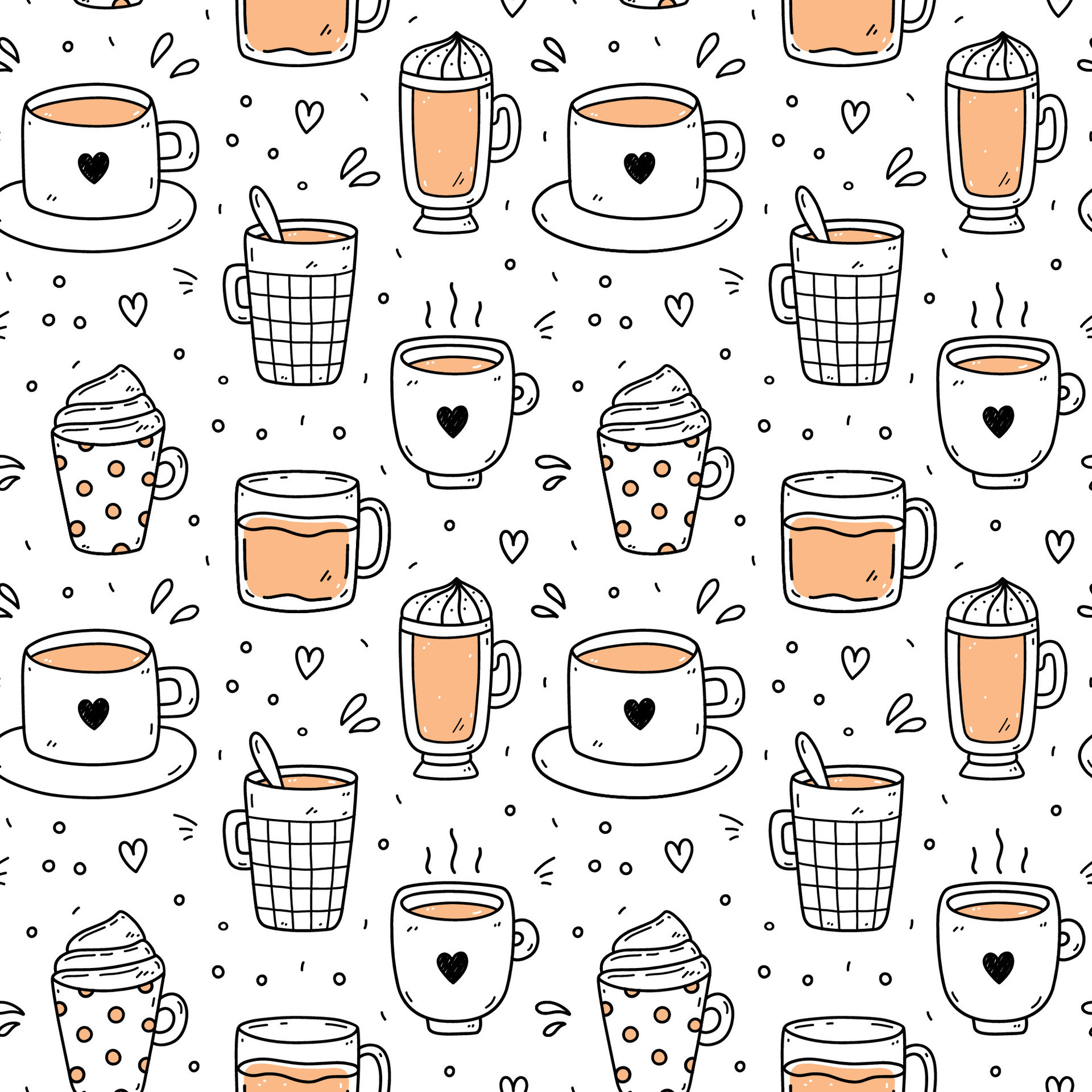 Cute seamless pattern with coffee cups - americano, cappuccino, mocha,  latte. Vector hand-drawn illustration in doodle style. Perfect for print,  menu, wrapping paper, wallpaper, various designs. 26787200 Vector Art at  Vecteezy