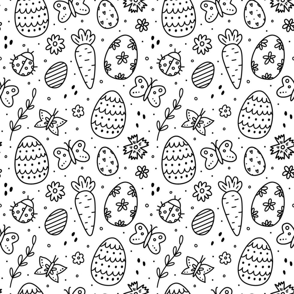 Cute seamless pattern with Easter eggs, butterflies, ladybugs and flowers. Vector hand-drawn doodle illustration. Perfect for holiday designs, print, decorations wrapping paper, wallpaper.