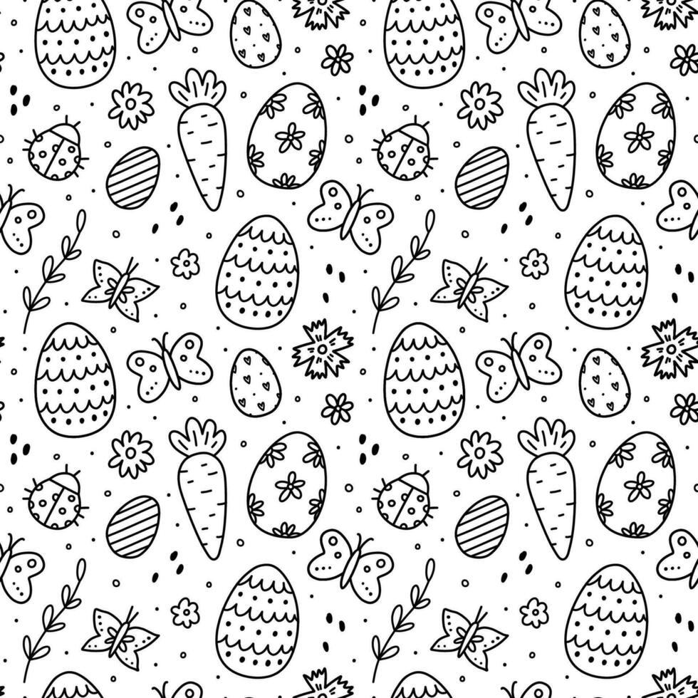 Cute seamless pattern with Easter eggs, butterflies, ladybugs and flowers. Vector hand-drawn doodle illustration. Perfect for holiday designs, print, decorations wrapping paper, wallpaper.