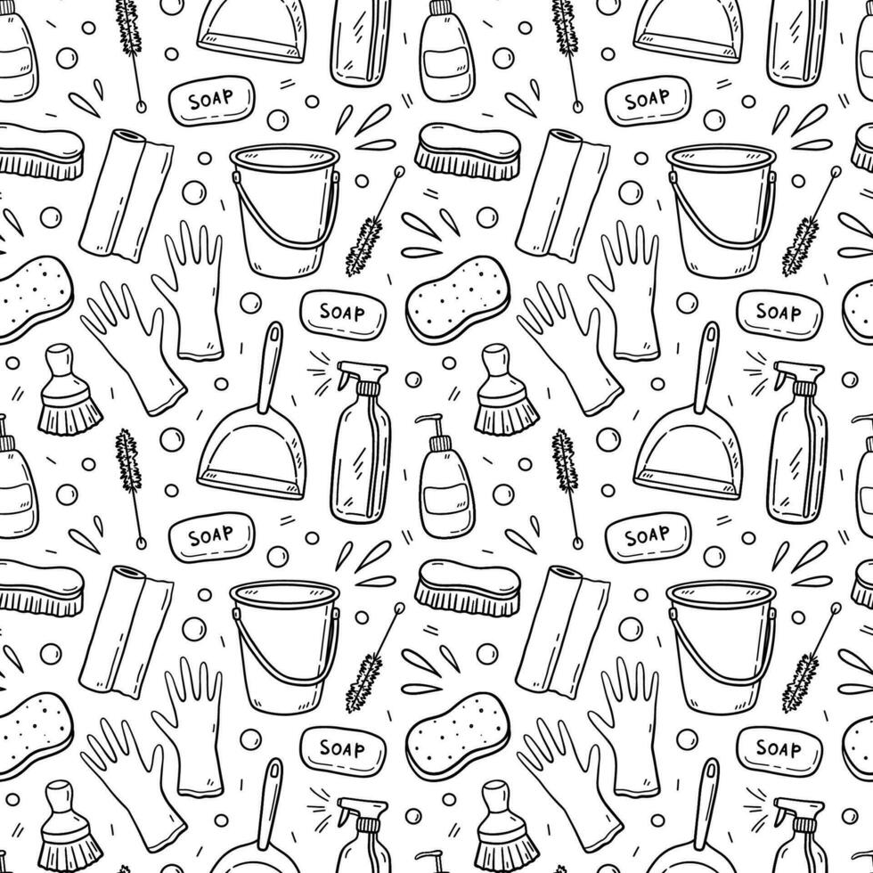 Seamless pattern with cleaning items - rubber gloves, soap, bucket, dustpan, spray bottle, scrub brushes. Vector hand-drawn illustration in doodle style. Perfect for print, wallpaper, decorations.