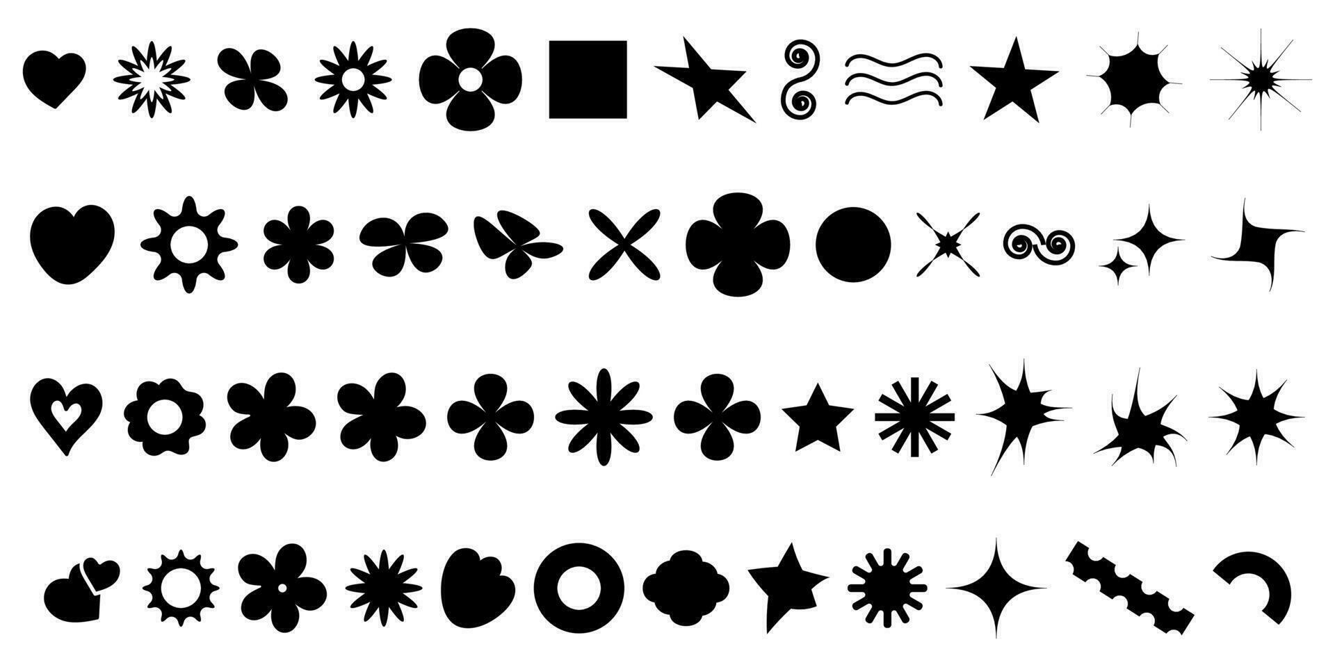 negro flores y cifras de iconos floral orgánico forma, nube estrella y otro elementos en un de moda, juguetón, brutal estilo. vector ilustraciones aislado en un blanco antecedentes