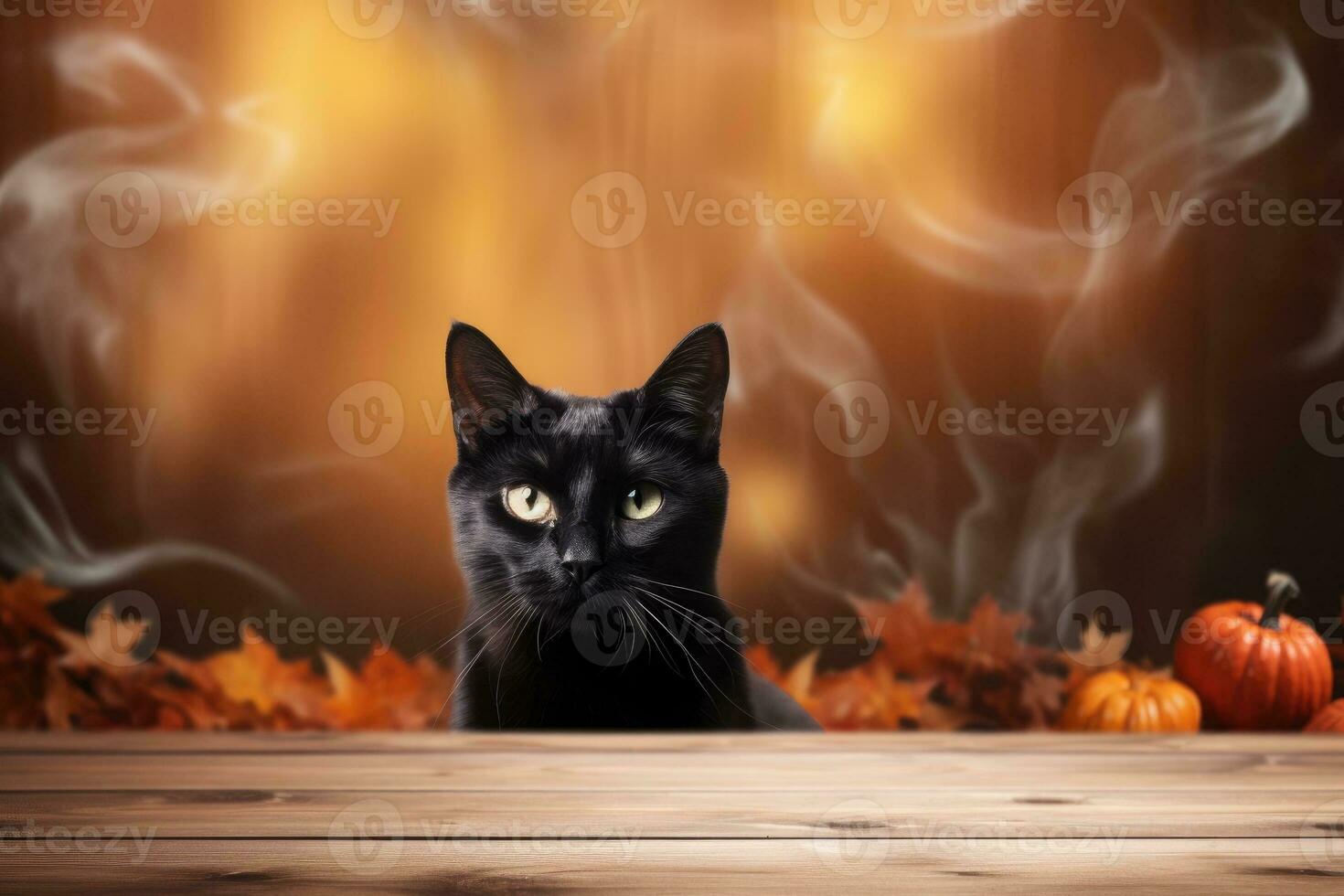 Old wooden table for product display with halloween background, autumn leaves and black cat. Thanksgiving day photo