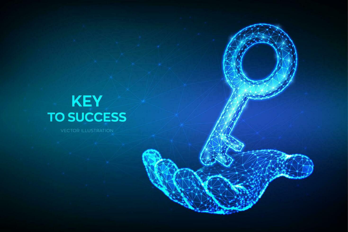 Key. Low poly abstract key sign in hand. Key to success or solution. Turnkey solution, services concept. Goals achievement, opportunities for business development. 3D low polygonal vector illustration