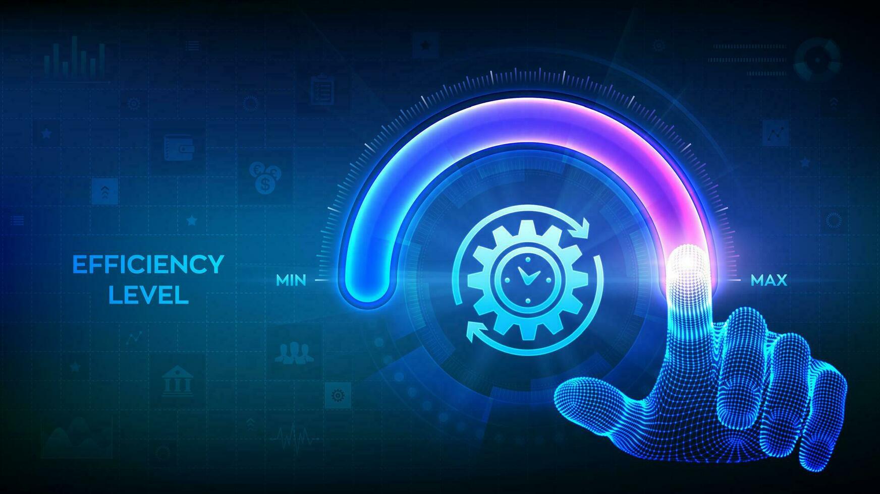 Increasing Efficiency level. Wireframe hand is pulling up to the maximum position circle progress bar with the efficiency icon. Development and growth business concept. Vector illustration.