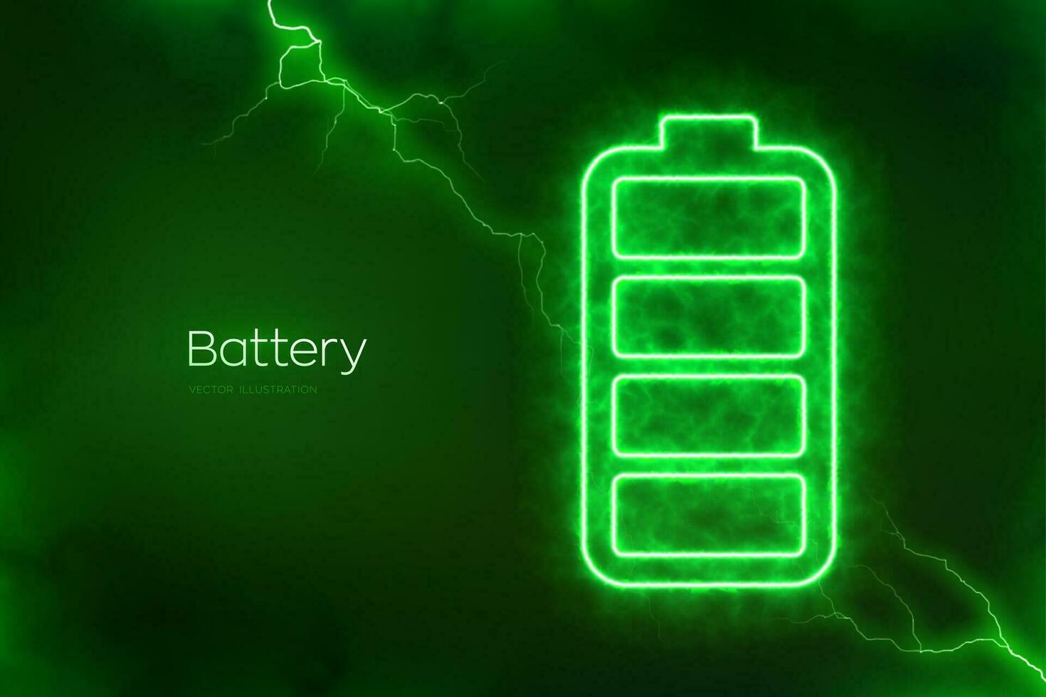 Battery icon with electrical energy glow effect. Green Energy. Charging point station. Rechargeable accumulator. Battery power supply background. Electric discharge effects. Vector illustration.