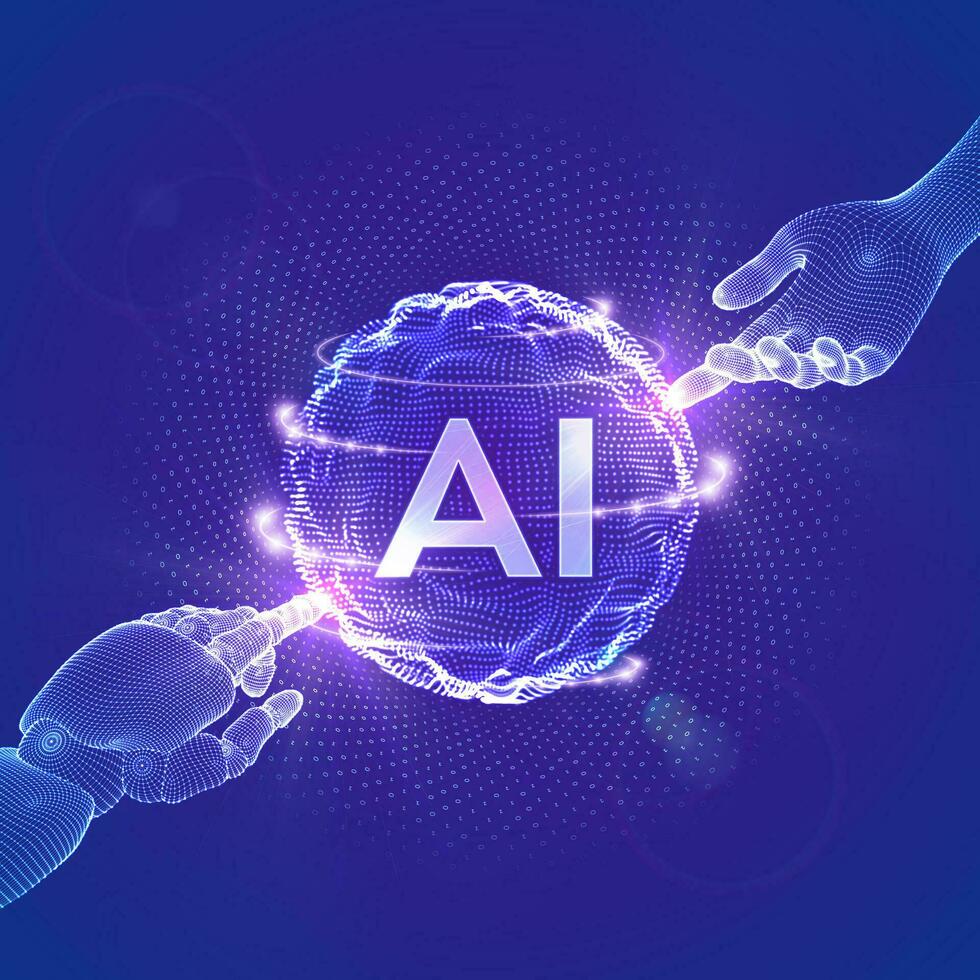 AI. Artificial Intelligence. Hands of Robot and Human touching sphere grid wave with binary code. Artificial Intelligence and Machine Learning technology concept. Neural networks. Vector illustration.