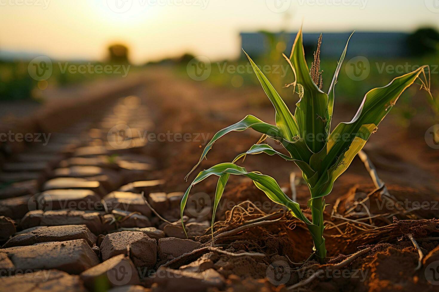The soil is dry, poor corn yield. Food crisis due to climate change. Generative AI photo