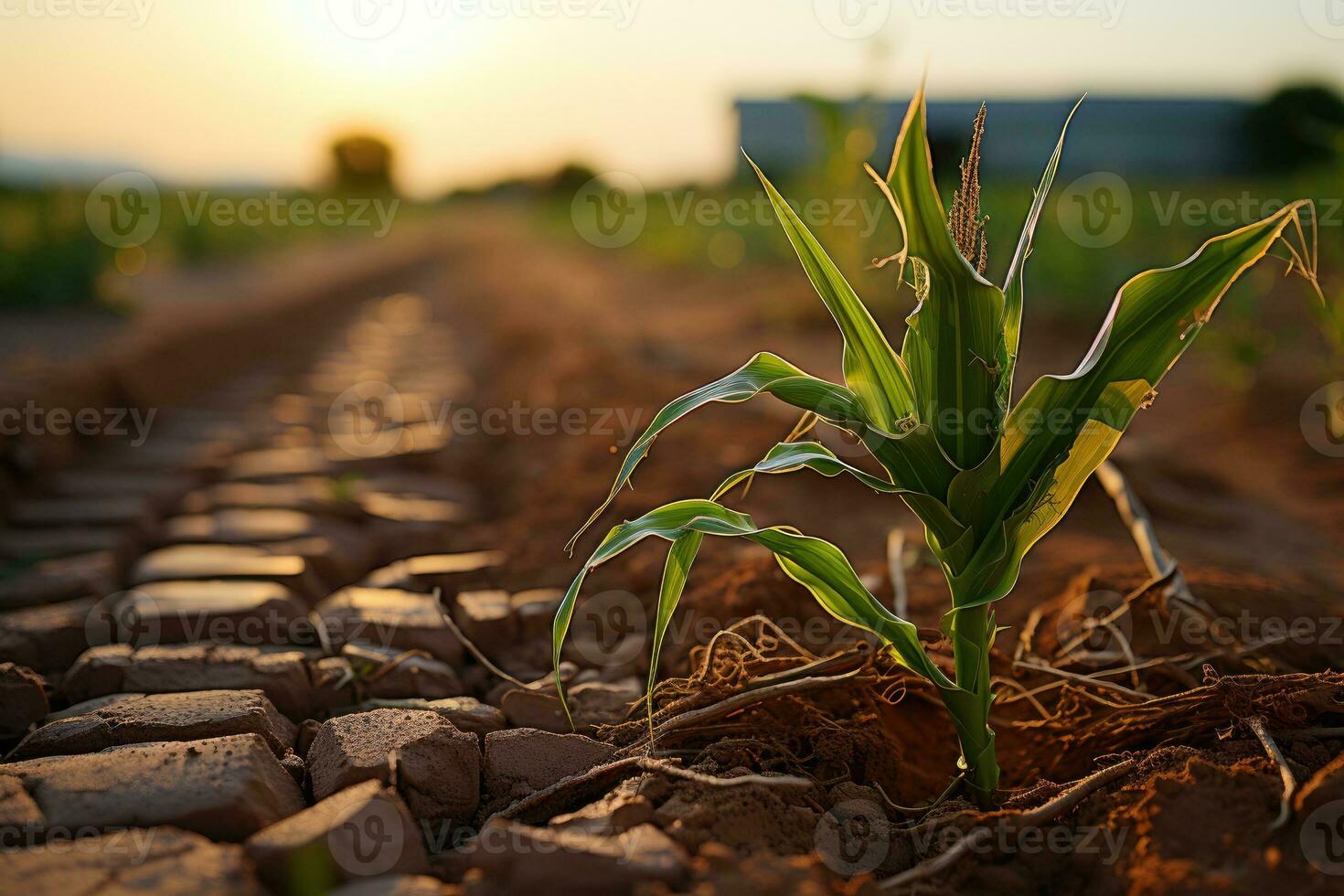 The soil is dry, poor corn yield. Food crisis due to climate change. Generative AI photo