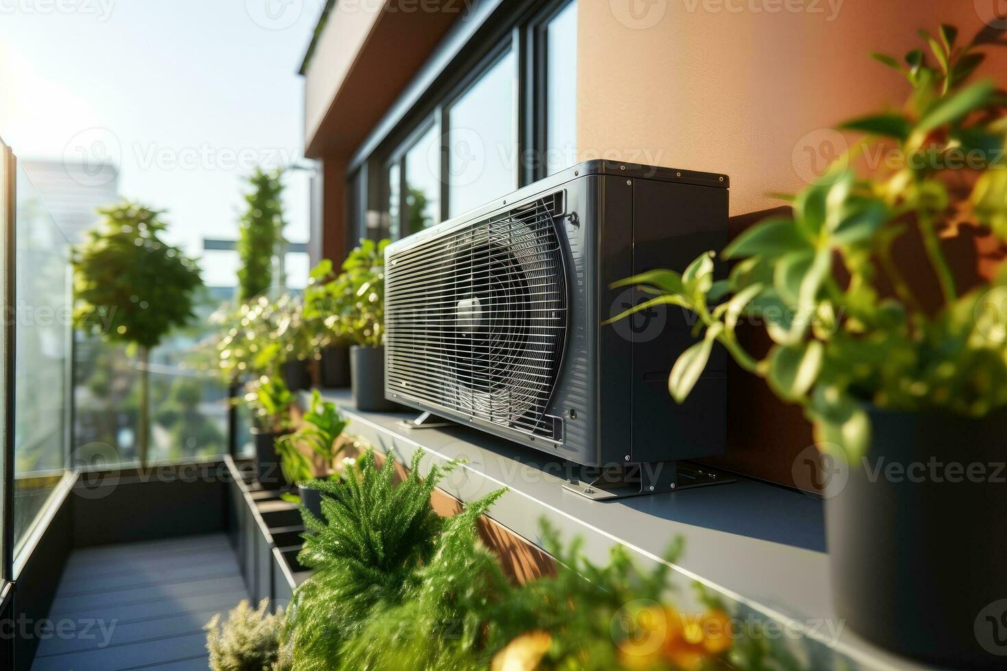 Air source heat pump installed in residential building. Generative AI photo
