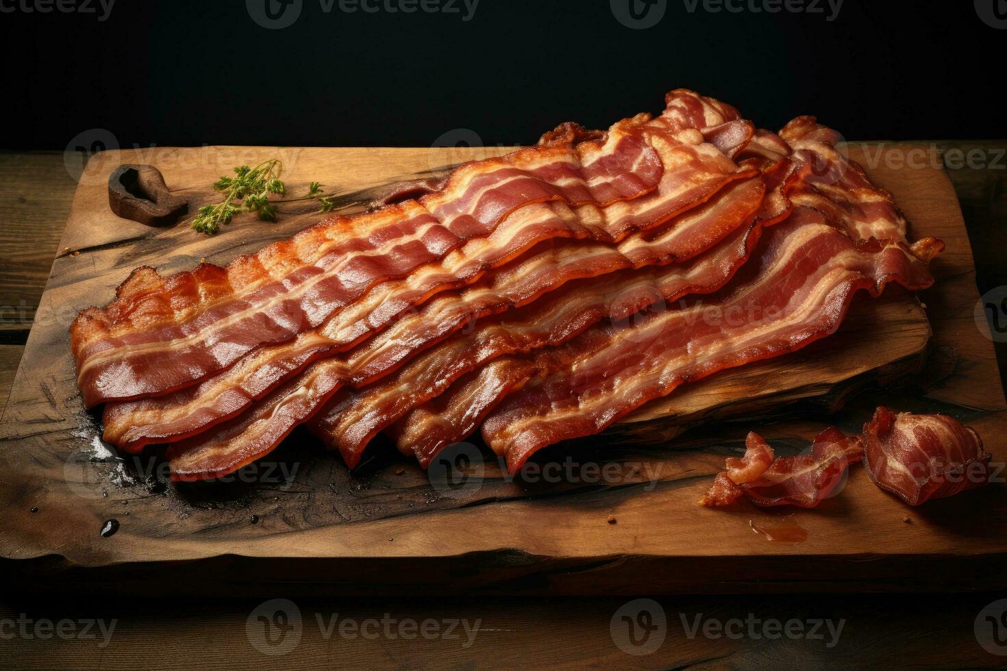 Fried bacon slices on a wooden serving board photo