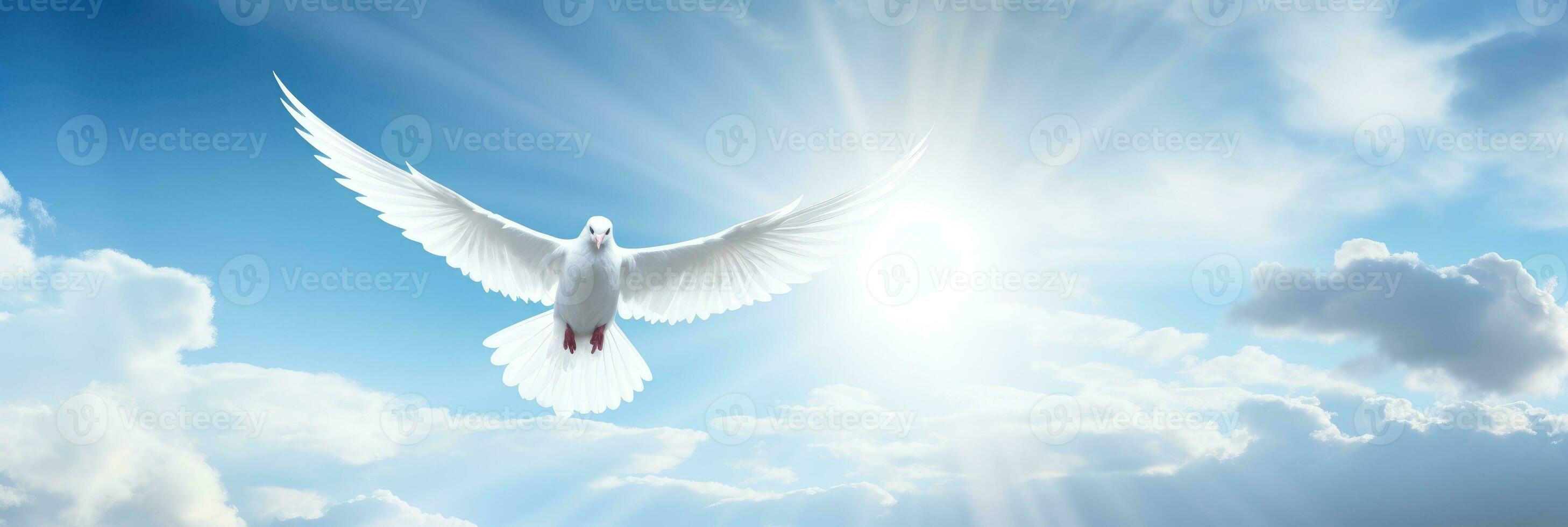 White dove with wings wide open in the blue sky air with clouds and sunbeams. Generative AI photo